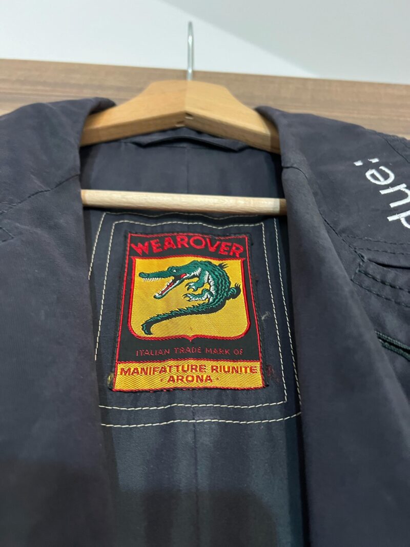 Trench vintage blu con riflessi verdi con ricamo OCCHIO NON VEDE/CUORE NON DUOLE